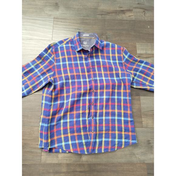 Bugatchi Uomo Shaped Fit Men's Shirt XL Multicolor Plaid Linen Blend Casual - Picture 1 of 9
